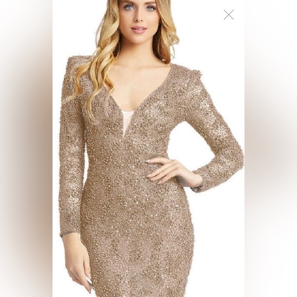 Beaded illusion plunge v neckline long sleeve down - Picture 3 of 3